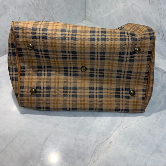 Kirino Collection plaid tan and navy leather bag roomy with inside pocket - Picture 6 of 16